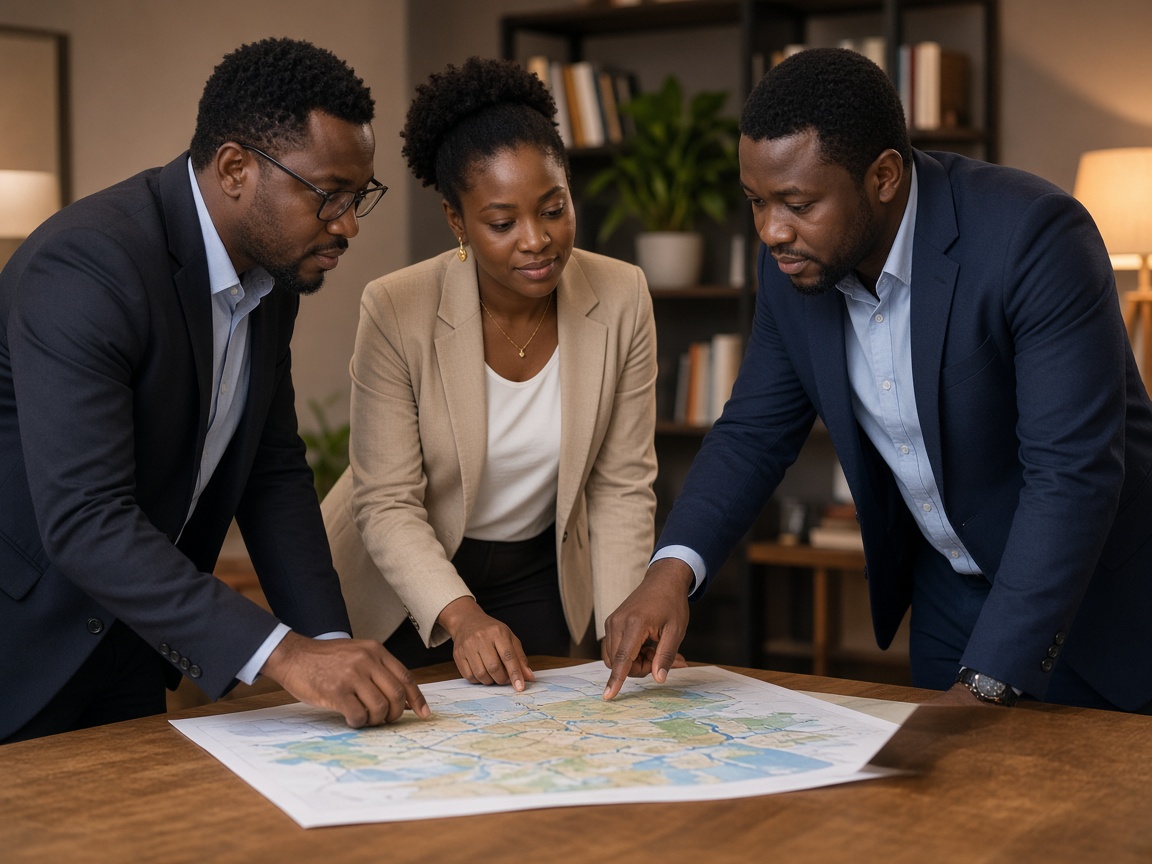 Professionals collaborating over a regional map