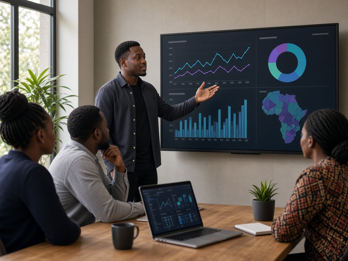 African professional presenting digital insights to colleagues